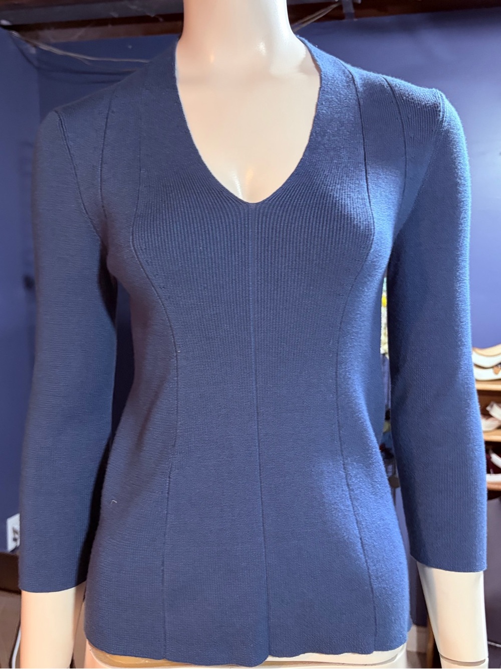 Classic Cobalt Blue V-Neck 3/4 Sleeve Ribbed Sweater Size M EUC
